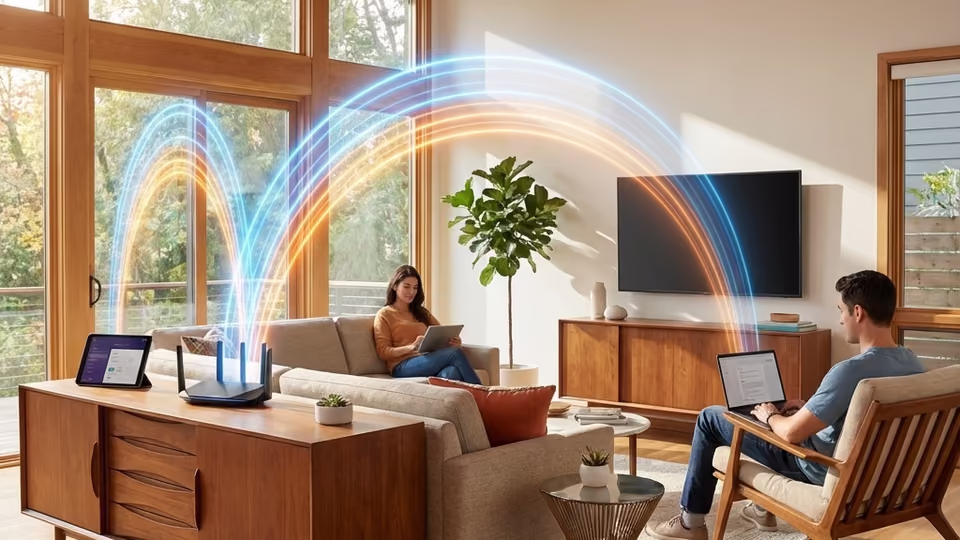 A Wi-Fi router with a red warning light, indicating a network problem