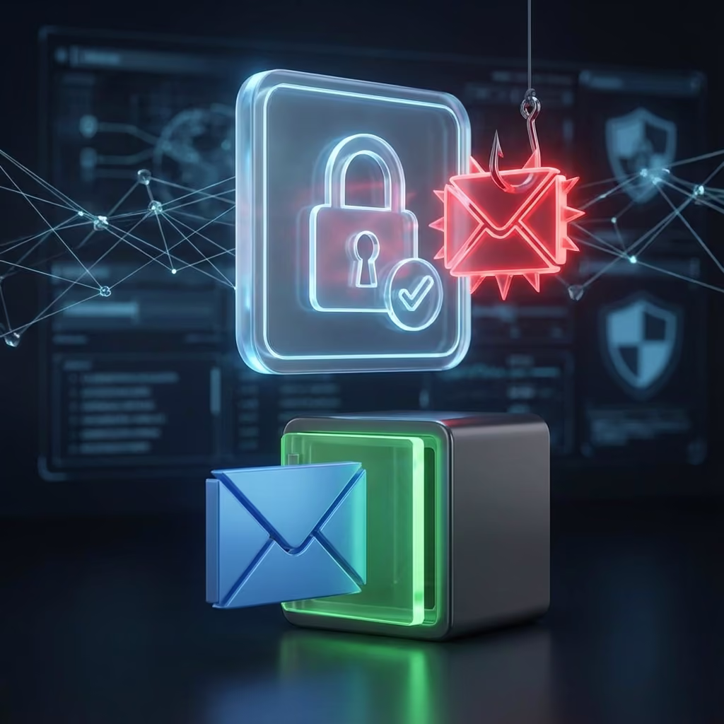 A computer screen showing a phishing email with a warning icon