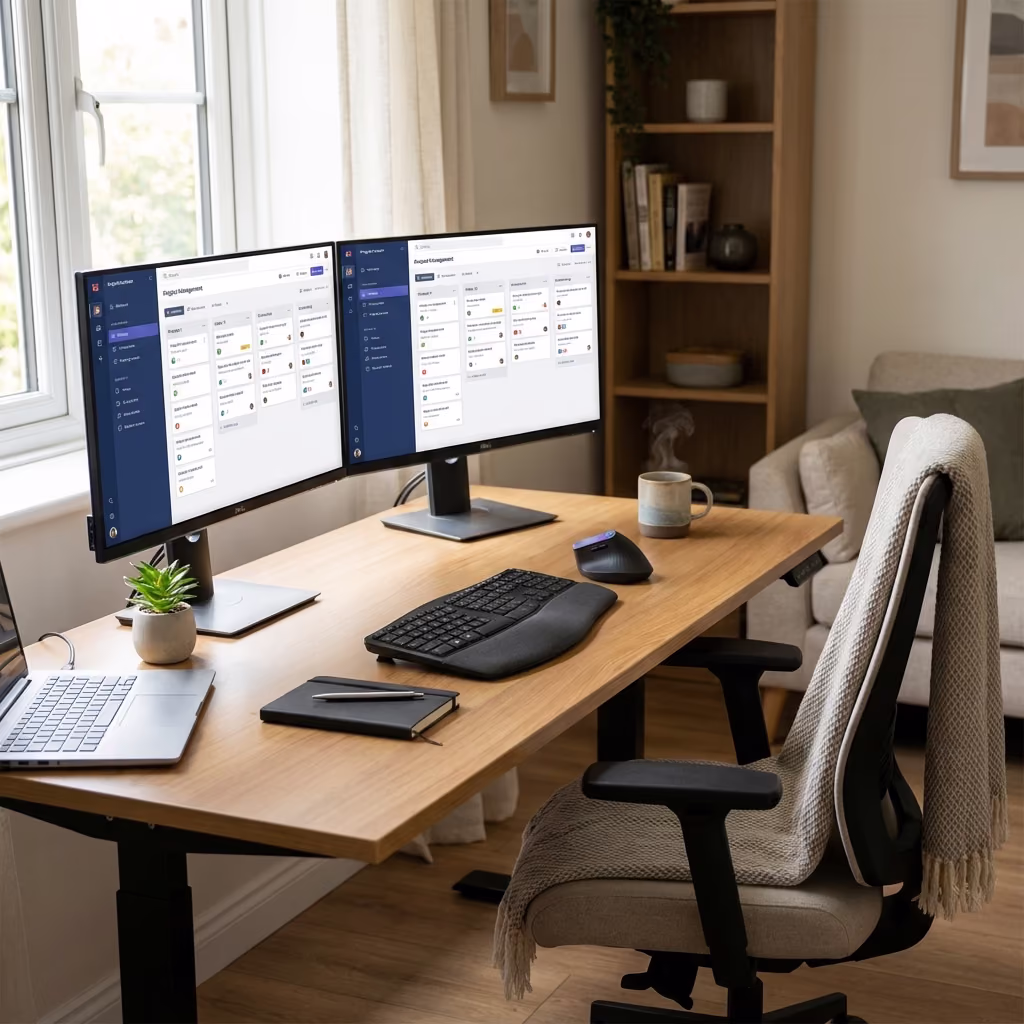 A professional home office setup with dual monitors and proper lighting