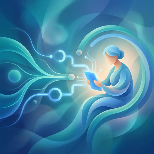 A smiling senior woman using a tablet to video chat with her family